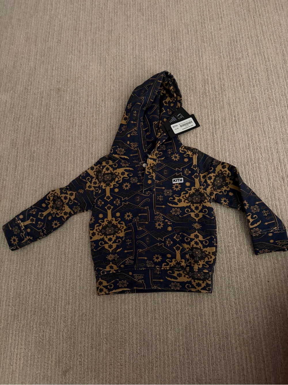 Kith Navy & Tan Patterned Kids Hoodie with Hood 12-18 Months